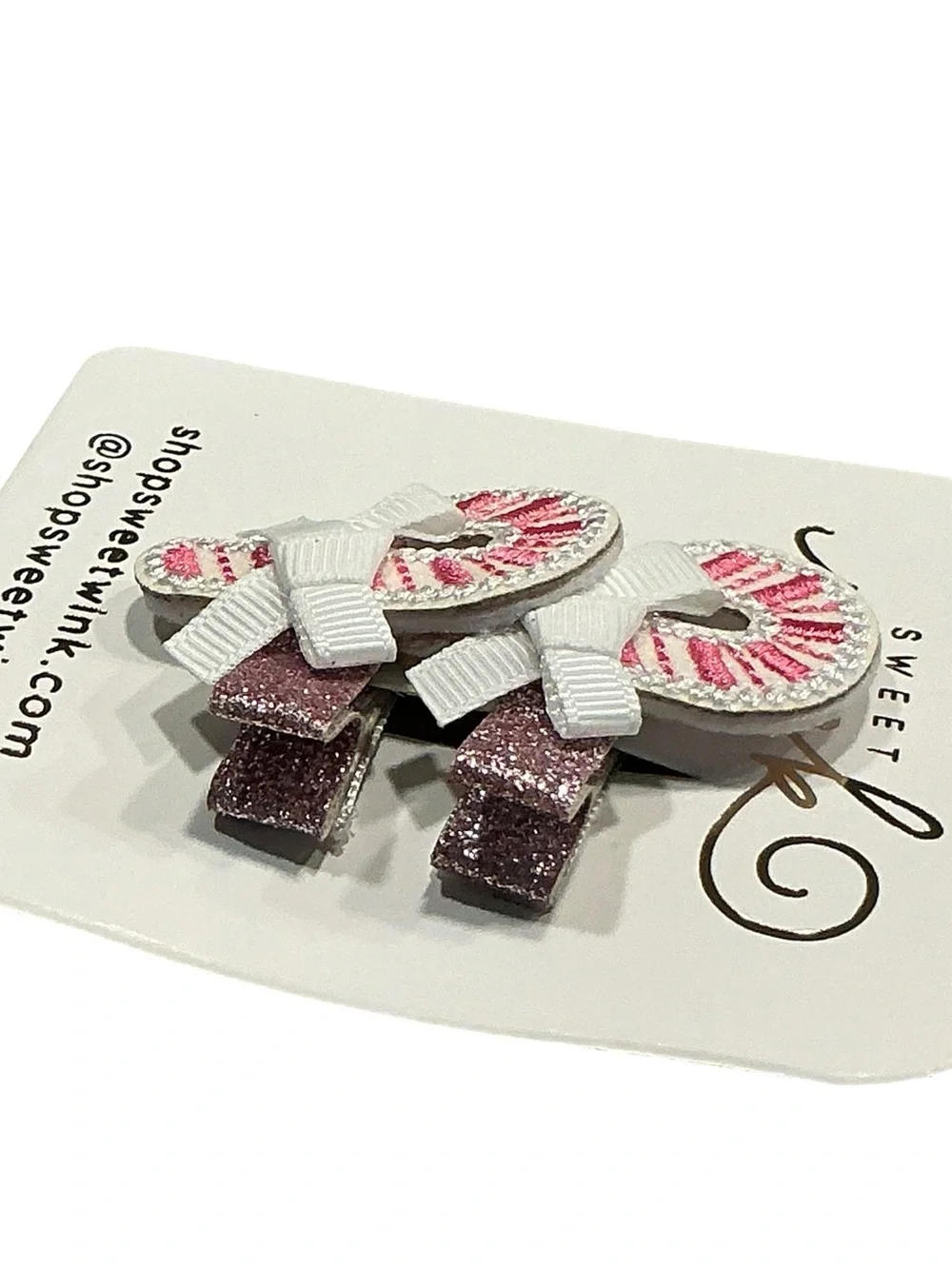 SWEET WINK Candy Cane Glitter Ribbon Hair Clips Set of 2 White/Pink NWT